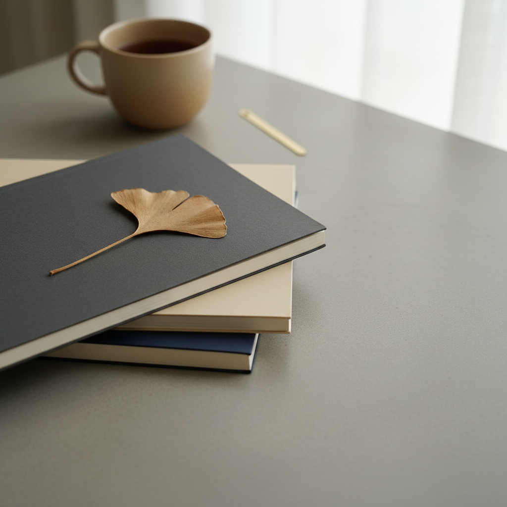 A tidy stack of softcover poetry notebooks arranged slightly askew on a muted concrete surface, their covers in restrained tones of charcoal, cream, and deep navy without any visible titles or text. A single dried ginkgo leaf lies across the top notebook, its fan-like veins crisply defined. Cool, diffused window light from above and to the right creates delicate gradients on the paper edges and a faint, clean shadow from the leaf. In the background, gently blurred, a ceramic cup of tea and a slim brass bookmark add subtle warmth. Photographic realism with a refined, minimalist composition shot from a slightly elevated angle, leaving generous empty space around the stack for site headings, evoking a serene, intellectual atmosphere perfect for reflective poetry.