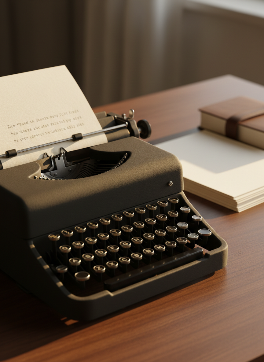 A close, photographic view of a vintage manual typewriter on a smooth, dark wood table, a single sheet of ivory paper rolled in, its surface empty except for faint, indistinct impressions suggesting unfinished verses. The typewriter’s matte black metal body shows delicate wear at the keys, hinting at decades of use from 2006 to 2026. Late-afternoon golden light enters from the left, tracing highlights along the keys and casting elongated, subtle shadows across the table. Behind, out of focus, rests a neatly stacked pile of blank pages and a closed hardbound journal. Composed with a rule-of-thirds framing and shallow depth of field, the scene feels sophisticated, nostalgic, and quietly expectant, serving as an elegant backdrop where website text can remain the focal point.