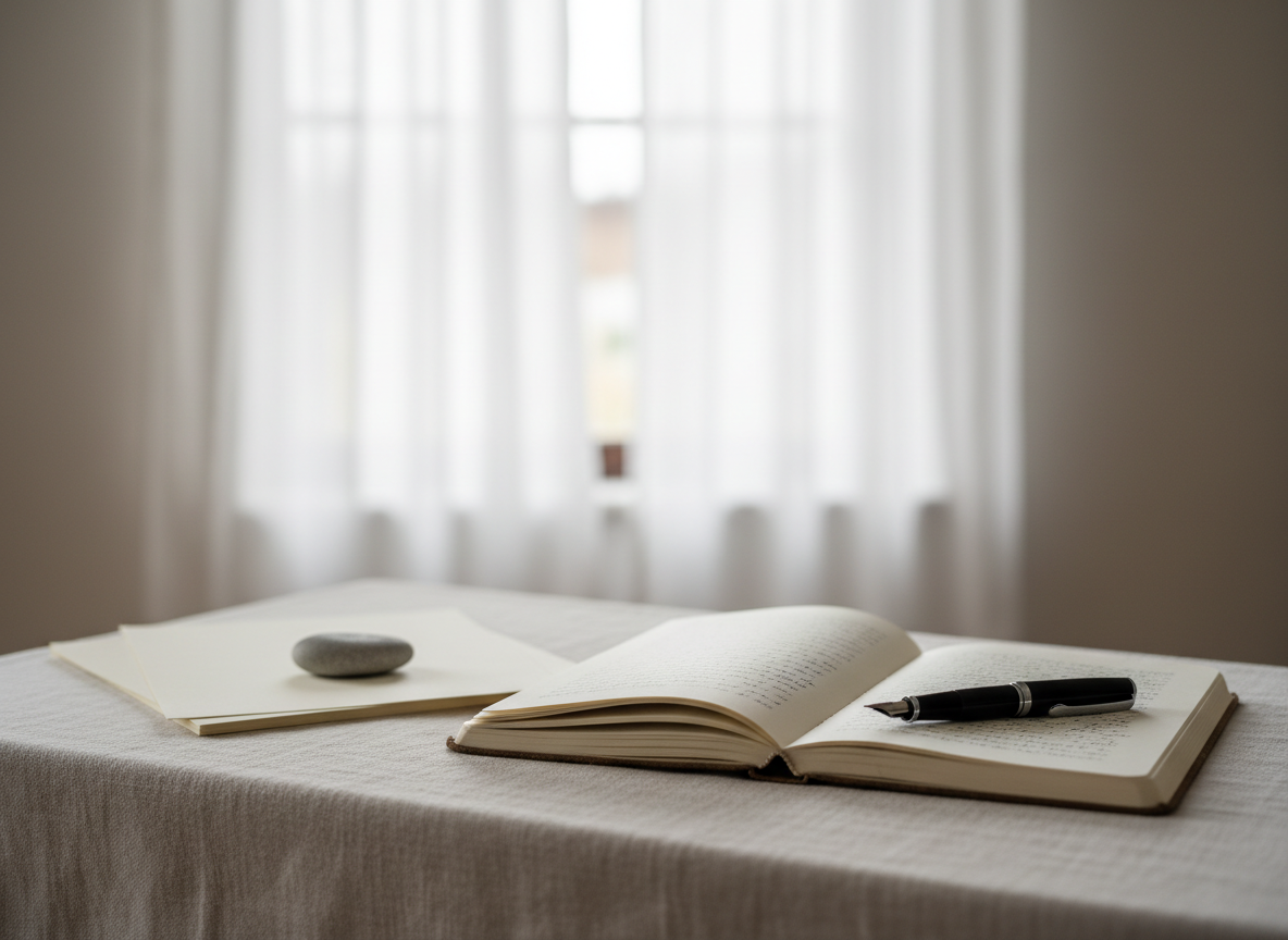 A linen-covered writing desk in a quiet studio, holding a single open notebook filled with faint, handwritten lines that are just out of focus, suggesting poetry without being legible. A slim black fountain pen rests diagonally across creamy paper, and a small stone paperweight anchors a loose stack of blank pages. The desk sits near a tall window with sheer curtains, where soft overcast daylight pours in, creating gentle reflections on the pen’s metal clip and subtle shadows along the notebook’s spine. Photographic realism with a minimalist, sophisticated aesthetic, shot at eye level with shallow depth of field so the background dissolves into a soft, neutral blur, leaving ample negative space for overlaid text and emphasizing a calm, contemplative mood suited for poetry reading.