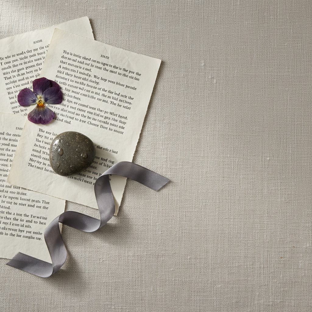 An overhead, photographic view of scattered printed poem pages on a pale linen cloth, each page slightly overlapping so any text appears abstract and unreadable, more like tonal blocks than words. Interspersed between the pages are small natural objects: a river stone with a smooth, wet sheen, a pressed wildflower, and a thin length of charcoal-gray ribbon curling softly. Soft morning window light washes across the scene from the top of the frame, enhancing the gentle textures of paper and fabric while keeping the palette quiet and neutral. The composition uses asymmetrical balance, with a large open area of bare linen intentionally left empty for digital text, creating a contemplative, sophisticated mood that suggests threads of poetry woven across time.