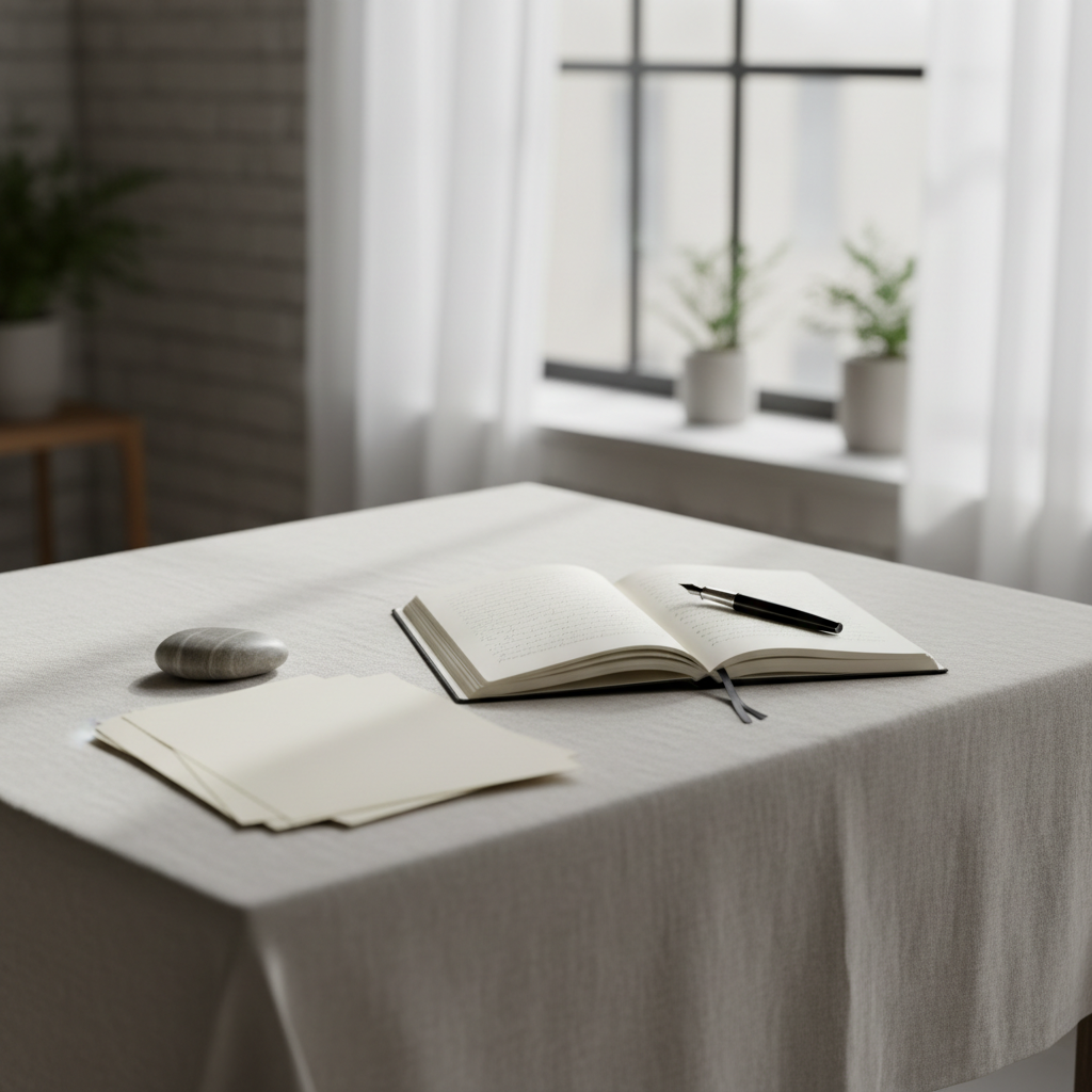 A linen-covered writing desk in a quiet studio, holding a single open notebook filled with faint, handwritten lines that are just out of focus, suggesting poetry without being legible. A slim black fountain pen rests diagonally across creamy paper, and a small stone paperweight anchors a loose stack of blank pages. The desk sits near a tall window with sheer curtains, where soft overcast daylight pours in, creating gentle reflections on the pen’s metal clip and subtle shadows along the notebook’s spine. Photographic realism with a minimalist, sophisticated aesthetic, shot at eye level with shallow depth of field so the background dissolves into a soft, neutral blur, leaving ample negative space for overlaid text and emphasizing a calm, contemplative mood suited for poetry reading.