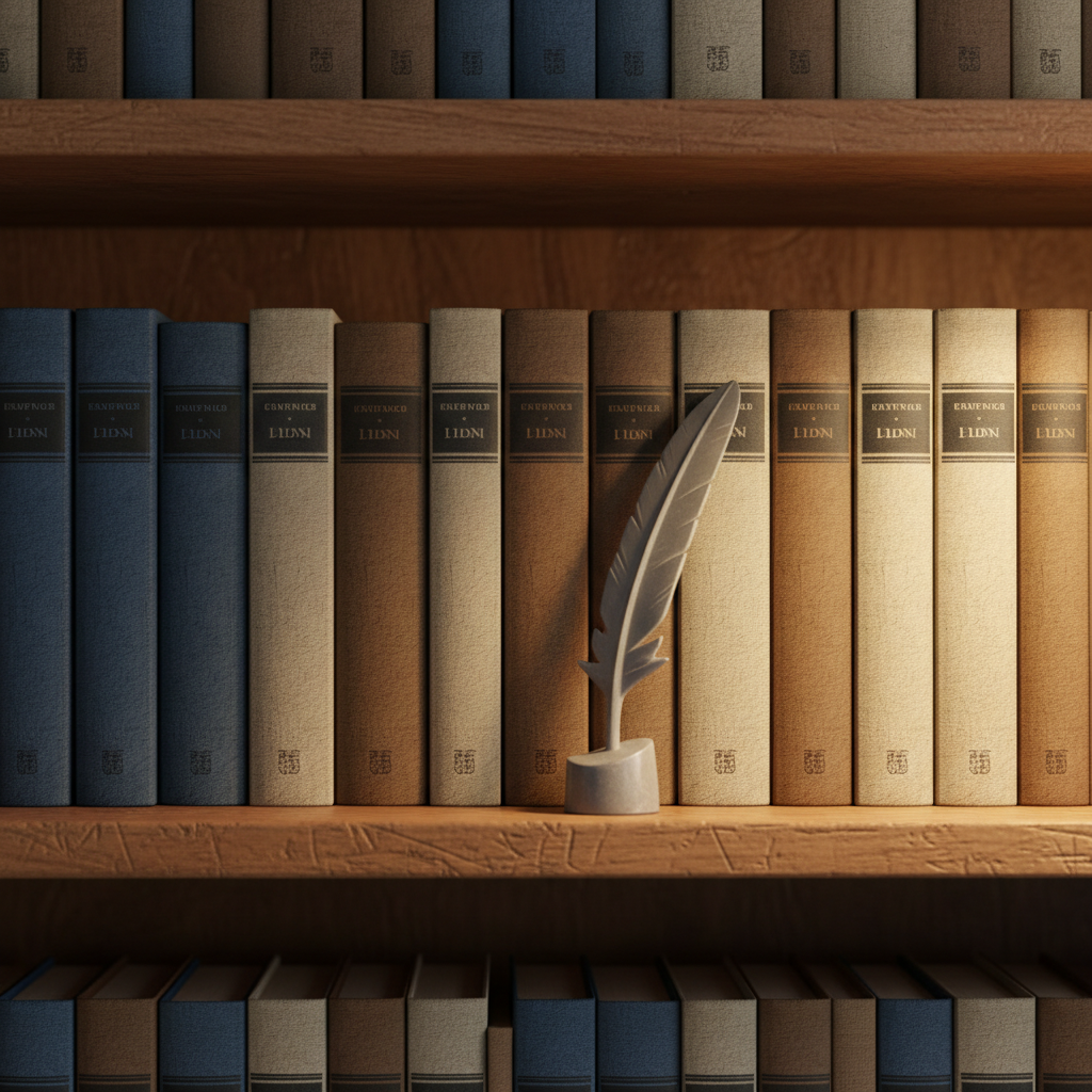A narrow, well-worn wooden bookshelf section photographed at eye level, showcasing an orderly row of anonymous hardback books with cloth spines in muted tones—ink blue, sable brown, and parchment beige—none bearing visible titles. Between two books rests a slim, carved stone sculpture shaped like an abstract quill, subtly referencing writing without using literal text. Warm, diffused lamp light from the right grazes the spines, revealing fine fabric textures and casting gentle, vertical shadows between volumes. The background books blur softly, creating depth while leaving the central shelf area clean and uncluttered. The aesthetic is quietly luxurious and scholarly, in photographic realism, evoking a private poetry library where time from 2006 to 2026 feels compressed into a single, still moment, ideal as a subtle background for blog navigation or sidebars.